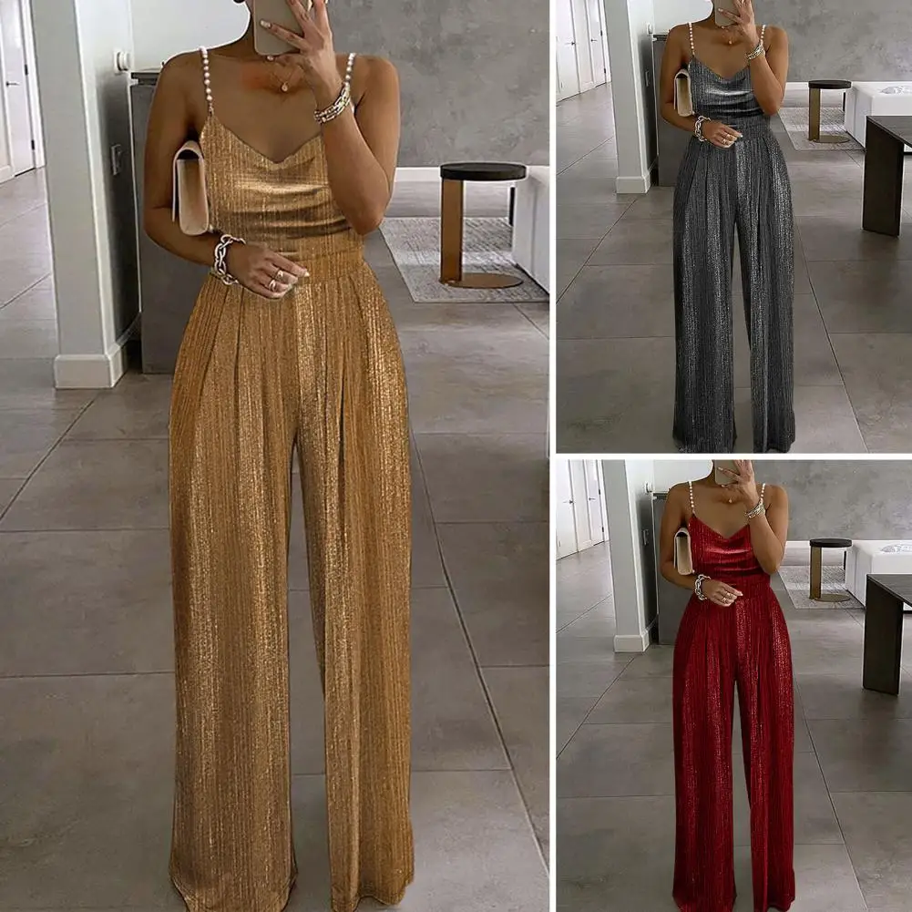 V-neck Jumpsuit Elegant Pearl V Neck Jumpsuit for Women Wide Leg Solid Color High Waist Party Prom Jumpsuit V-neck Sleeveless