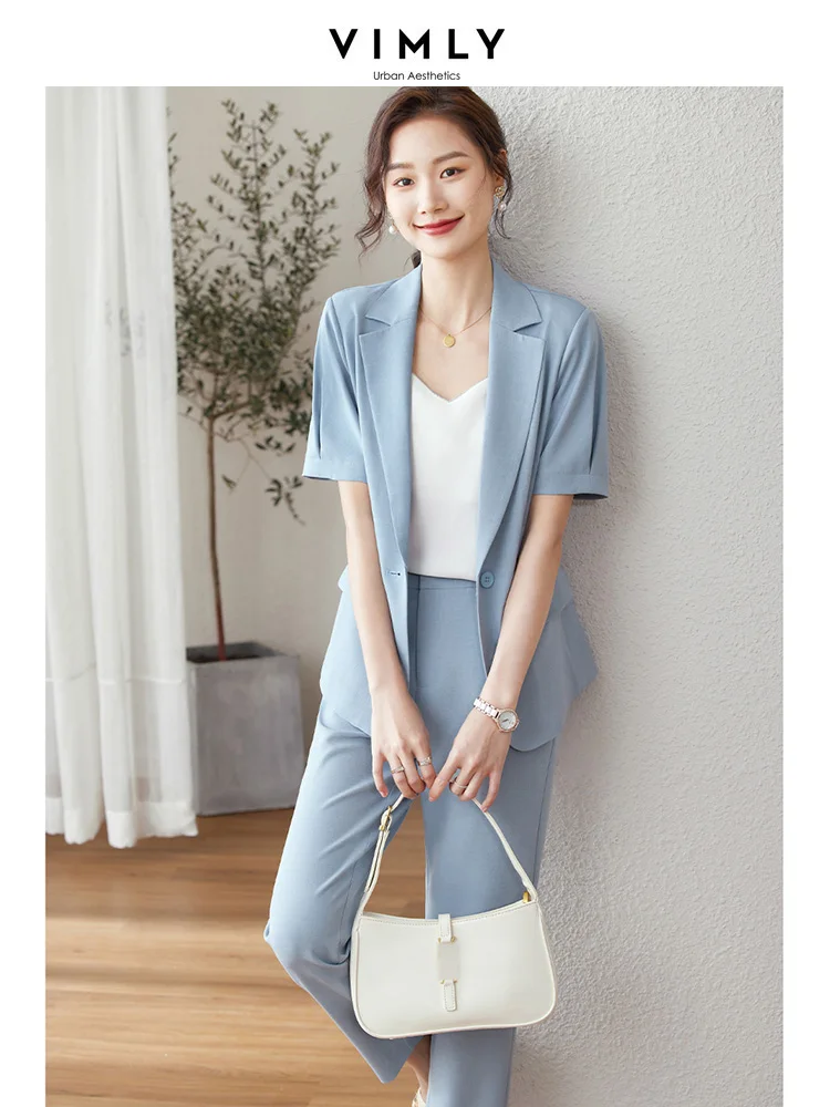Vimly Elegant Summer Office Outfits Women 2 Pieces Pant Sets 2023 Chic and Elegant Short Sleeve Blazers Jacket Women's Suits