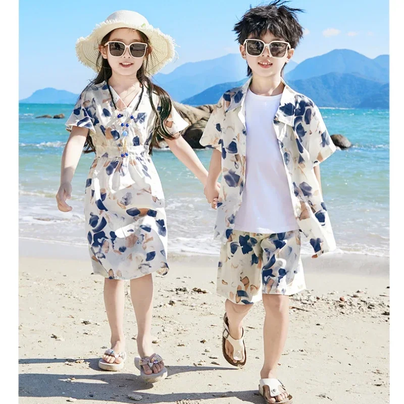 2024 Summer Family Vacation Look Clothes Mom and Daughter Short Sleeve Dress Holiday Dad and Son Shirts Two Piece Outfits Sets 6
