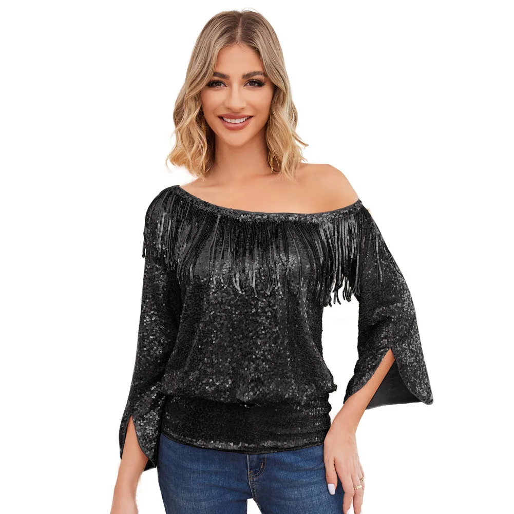 

KK Women Sequined Party Tops 3/4 Slit Sleeve Oblique Neck Sparkling Shiny Evening Pullover Fashion Luxury Elegant Tees Causal