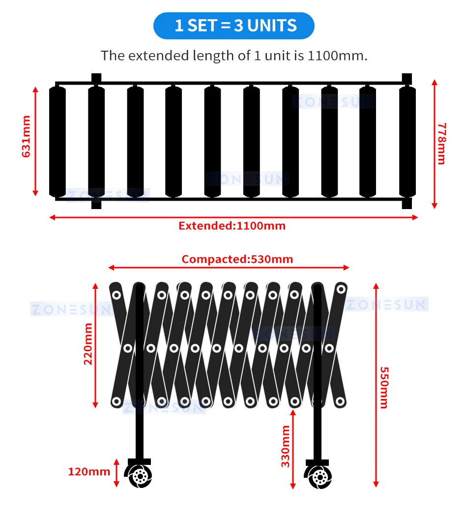 ZONESUN ZS-FCR600 Rubber Covered Flexible Extendable Roller Conveyor V Belt