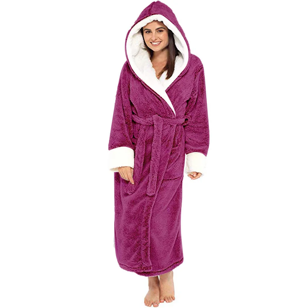 

Winter Warm Flannel Hot Pink Bathrobe Female Hooded Loose Lengthen Thicken Solid Robes For Woman Couples Night Dress 5XL
