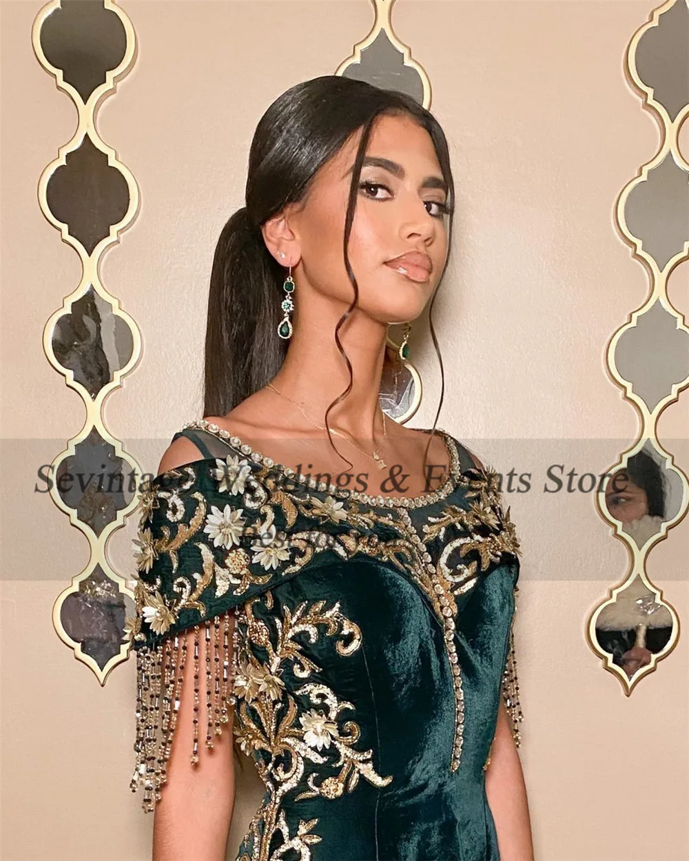 Sevintage Green Traditional Algerian Dress Mermaid Scoop Neck Lace Appliques Tassel Side Slit Ankle Length Formal Prom Gowns