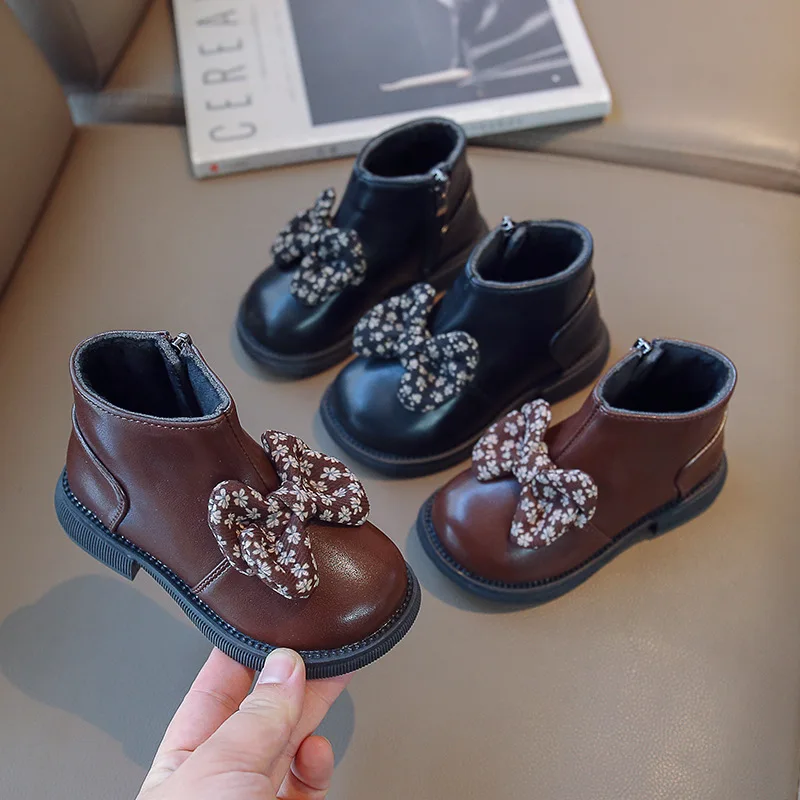 

Girls' Princess Boots Fashion Bow Short Ankle Boots Round Toe Soft Sole Kids Shoes Plus Cotton Warm Winter Boots Baby Girl Shoes