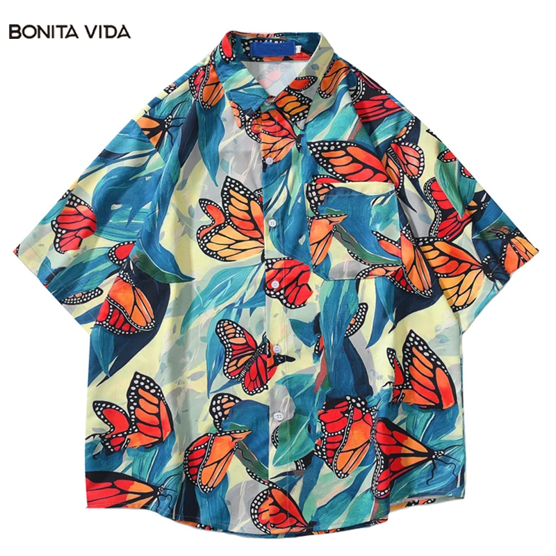 

Butterflies Print Shirts Men Summer Streetwear Japanese Harajuku Style Cool Blouse Casual Short Sleeve Graffiti Hawaiian Shirt