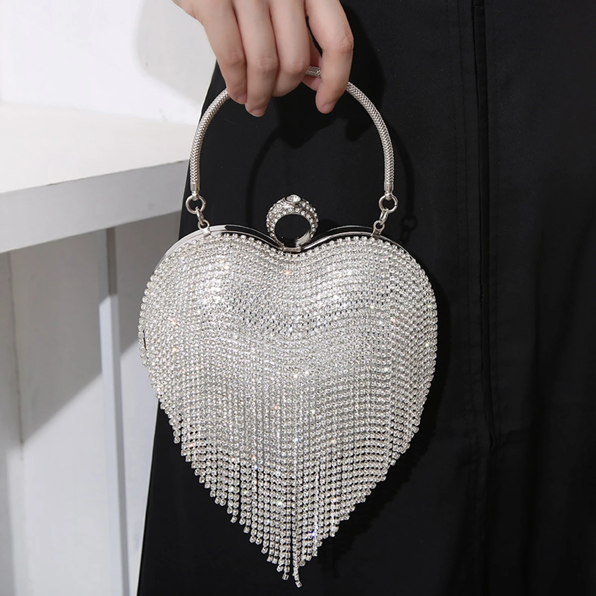 Rhinestone Evening Bag Heart Pattern Silver Handbag Womens