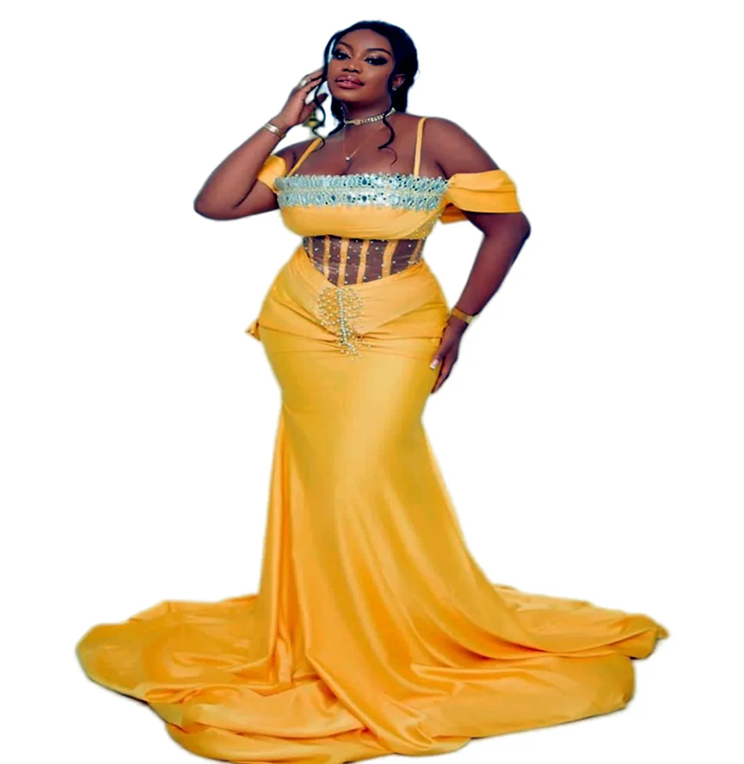 

2023 Mermaid Yellow Prom Dresses Beaded Crystals Satin Formal Evening Party Second Reception Birthday Gowns Dress