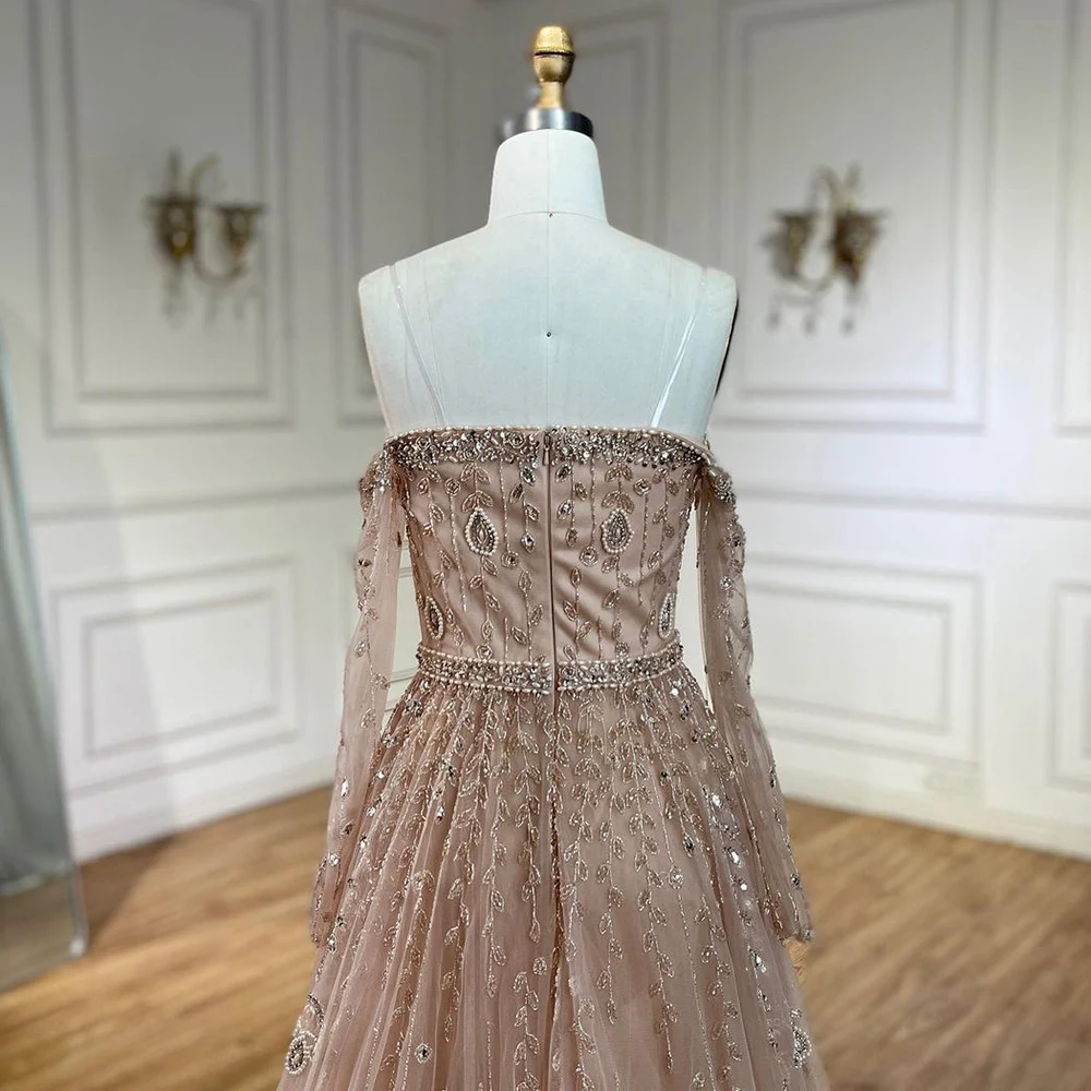 Customized Nude Boat Neck A Line Beaded Long Evening Dresses