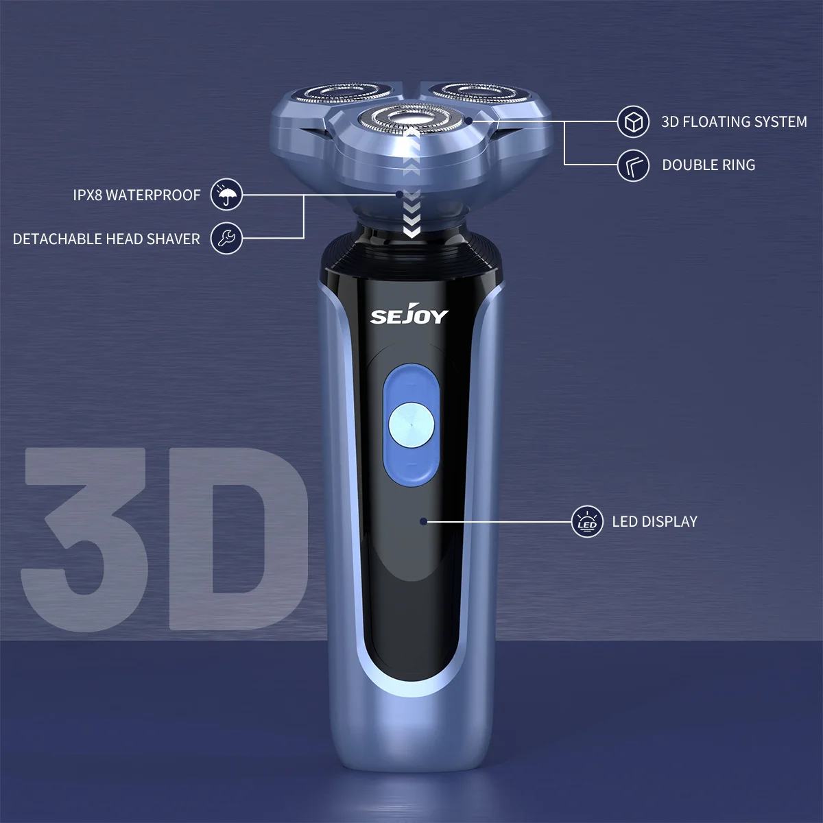 SEJOY Men's Electric Razor USB Rechargeable Shaver Triple Blade Trimmer Beard Floating Head Waterproof Hair Shaving Machine 2