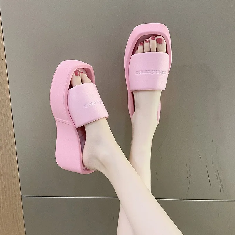 

Summer Travel Couples Home Slippers Men/women Plus Sandal Thick Slope Heel Slippers Square Colored Muffin Bottom Slipper