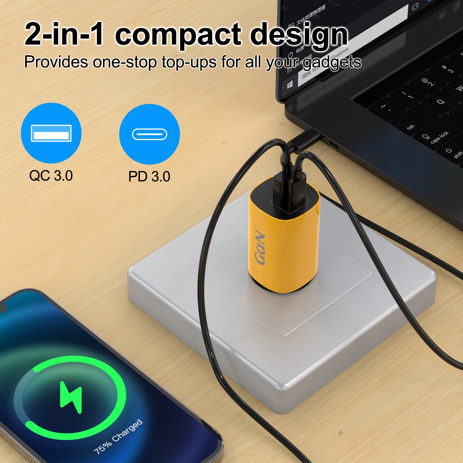 Dual-Port 30W GaN Fast Charger with USB C and USB A Connections