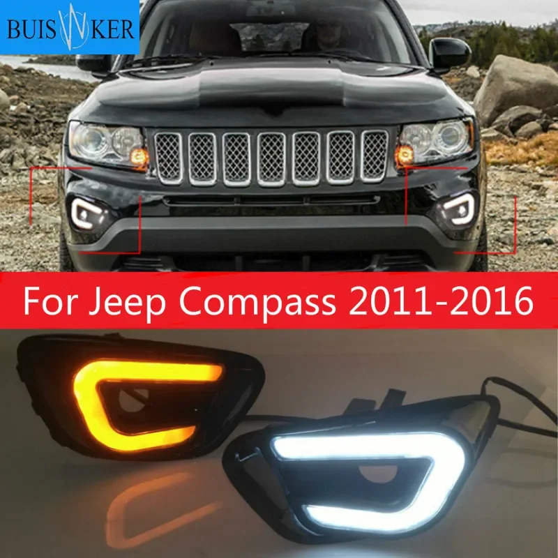 

Дневные ходовые светильник ни, светодиодный, 2 шт., для Jeep Compass 2011, 2012, 2013, 2014, 2015, 2016, дневные ходовые огни, белые + желтые боковые поворотные огни, противотуманные фары