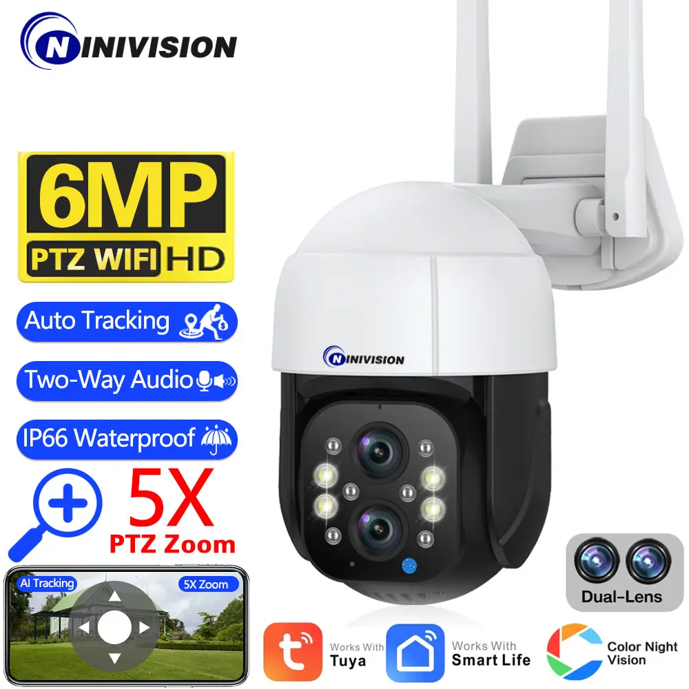 6Mp Wifi Full Color Camera Outdoor Ptz Two Way Audio Security Ip Camera Protection Dual Lens Videosorveglianza Per Zoom 5X Ptz