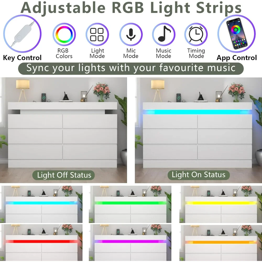 6 Drawer Dresser with Power Outlet, Dresser with LED Light, Chest of Drawers for Closet, Double Wide Drawer Organizer Cabinet 5