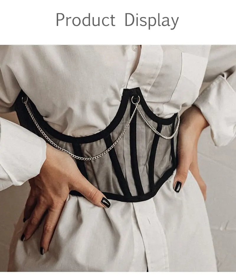 Women's Black Underbust Corset - Punk Style with Metal Chain: Lace Bustier, Strap Design, High Waist Slimming Curve Shaper