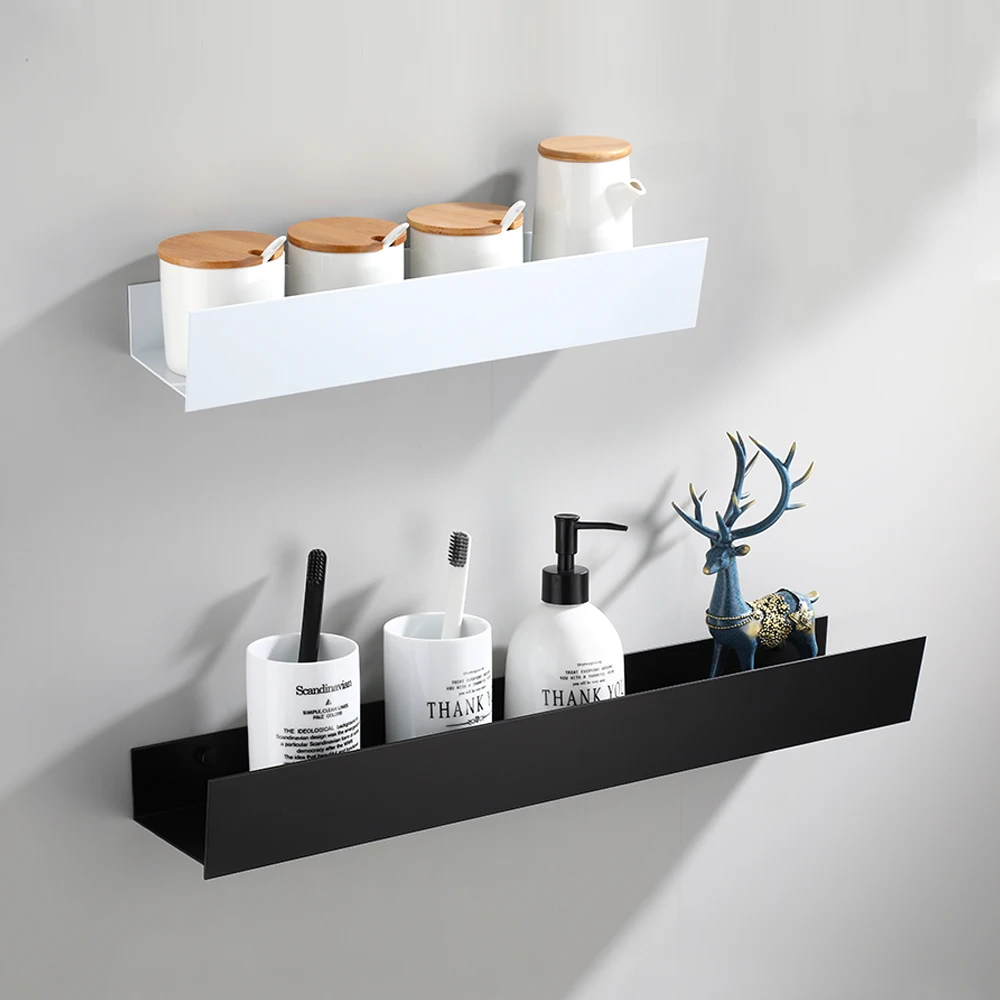Modern Minimalist Aluminum Alloy Black Spray Paint Bathroom Accessories Single Layer Bathroom Shelves Perforated Installation