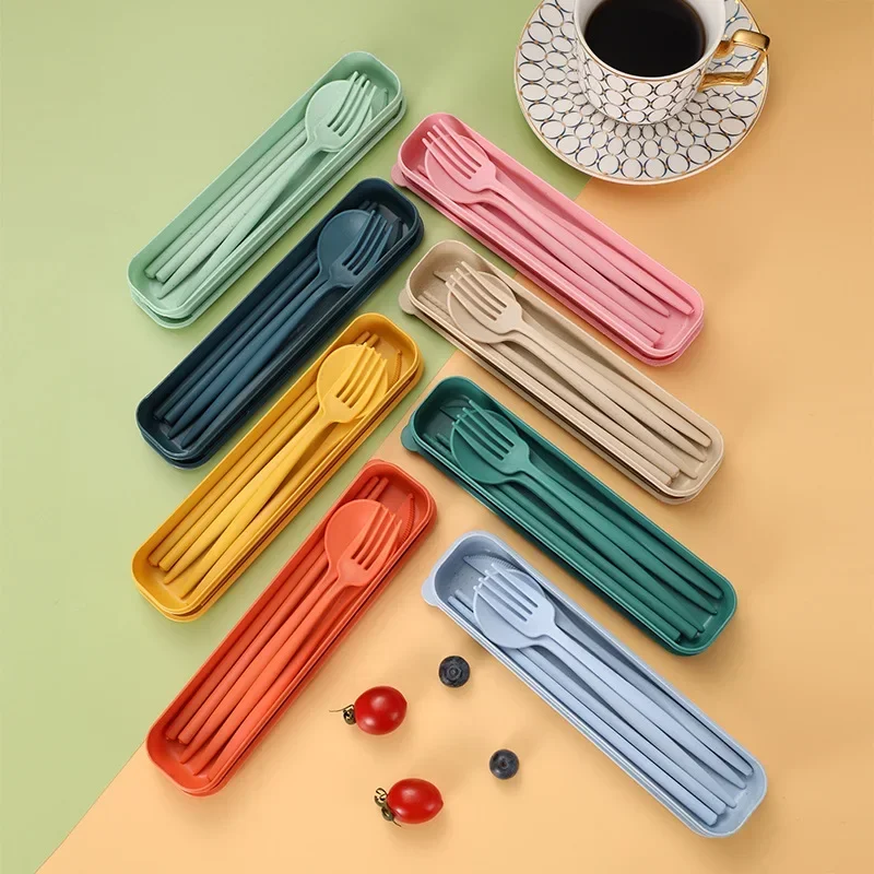 Cutlery Set Tableware Spoon Fork Chopsticks Knife with Box for Children Adult Travel Portable Wheat Straw