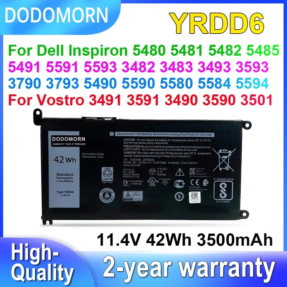 

Аккумулятор DODOMORN YRDD6 для ноутбука Dell Inspiron 5481 5482 5485 5491 5591 5485 5585 Vostro 5480 3491 3591 3490 3590 3501 42Wh
