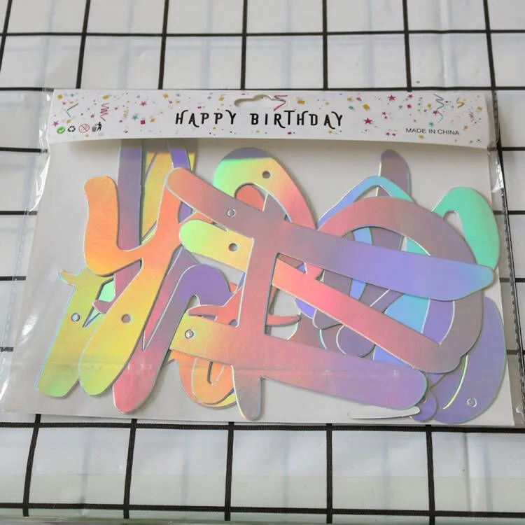 Iridescent Silver Happy Birthday Banner Hanging Garland Kids Birthday Party Decoration Banner Baby Shower 1st Boy Girl