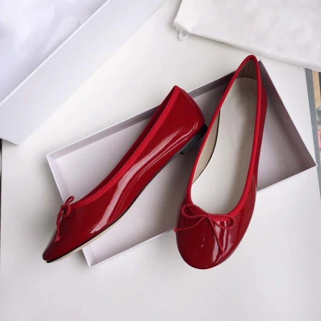 French Ballerina Shoes with Round Head Flat Bow Shallow Toe Patent Leather Red Women's Single Shoes - AliExpress