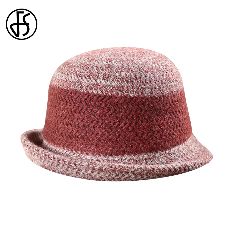 

FS Winter Wool Basin Hat For Women Wine Red Dome Felt Fedora Elegant Casual Versatile Rolled Edge Millinery 2023 Warm Coffee Cap