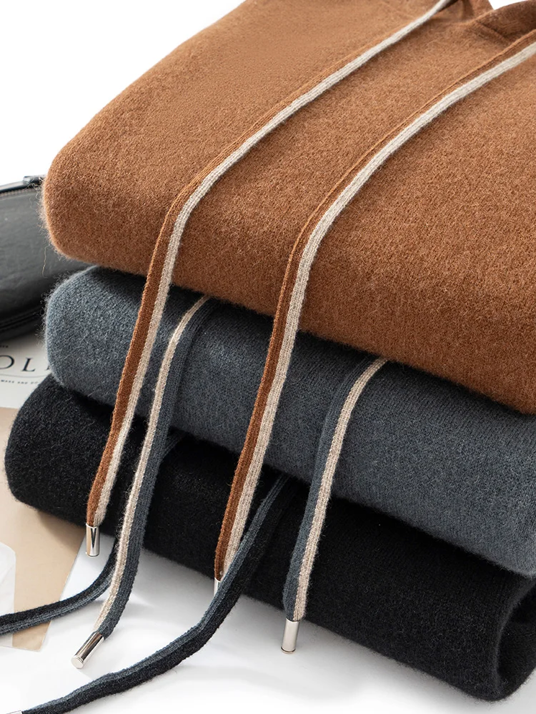Choice Autumn Winter Men Cashmere Hooded Pullover 100% Pure Cashmere Knitted Sweater Long Sleeve Thick Soft Warm Casual Clothing 4