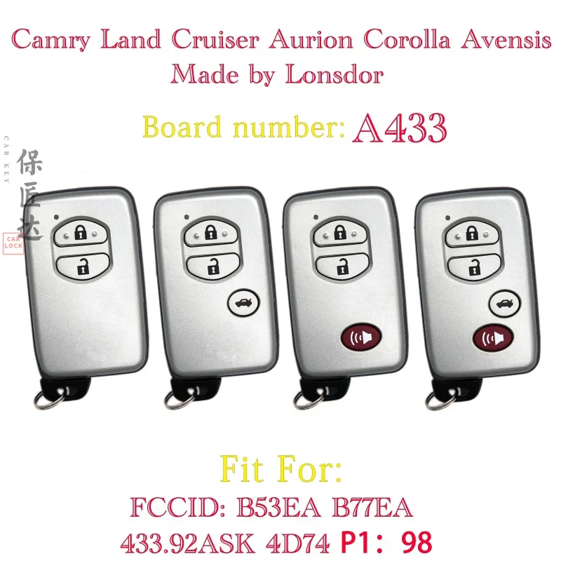 

BaoJiangDd car key Fit For Camary LandCruiser Corolla A433 NO Number Smart Remote Key B77EA THAILAND B53EA 433.92MHZ ASK