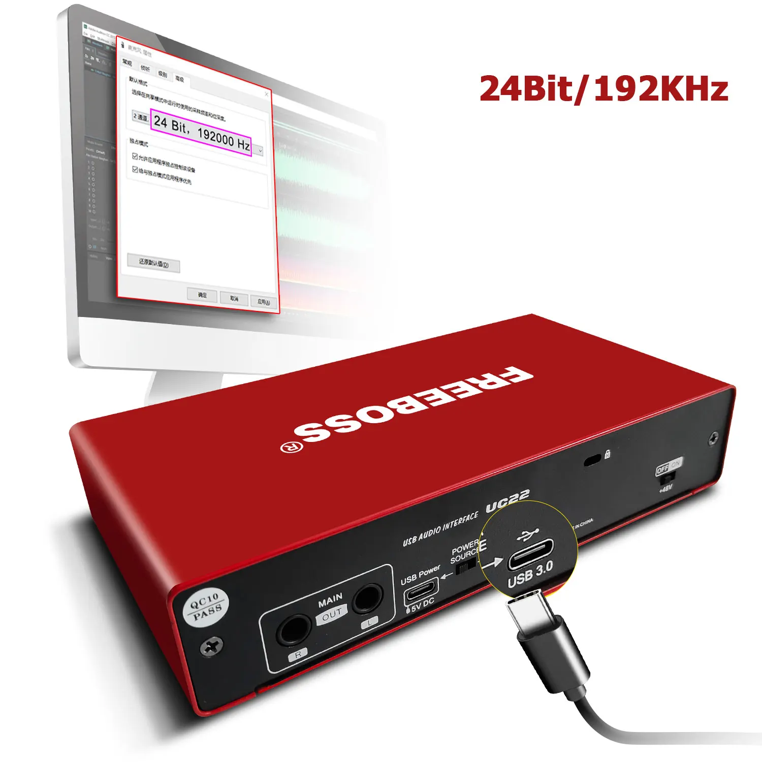 FREEBOSS 24Bit 192KHz Audio Interface Professional Stereo Recording Loopback Guitar USB External Sound Card 48V 2 Mic Input UC22