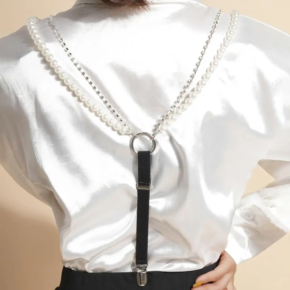 

Dress Waist Chain Rhinestone Faux Leather Suspenders Belt for Women with Adjustable Elastic Duck-mouth Clip Back Strap Stylish