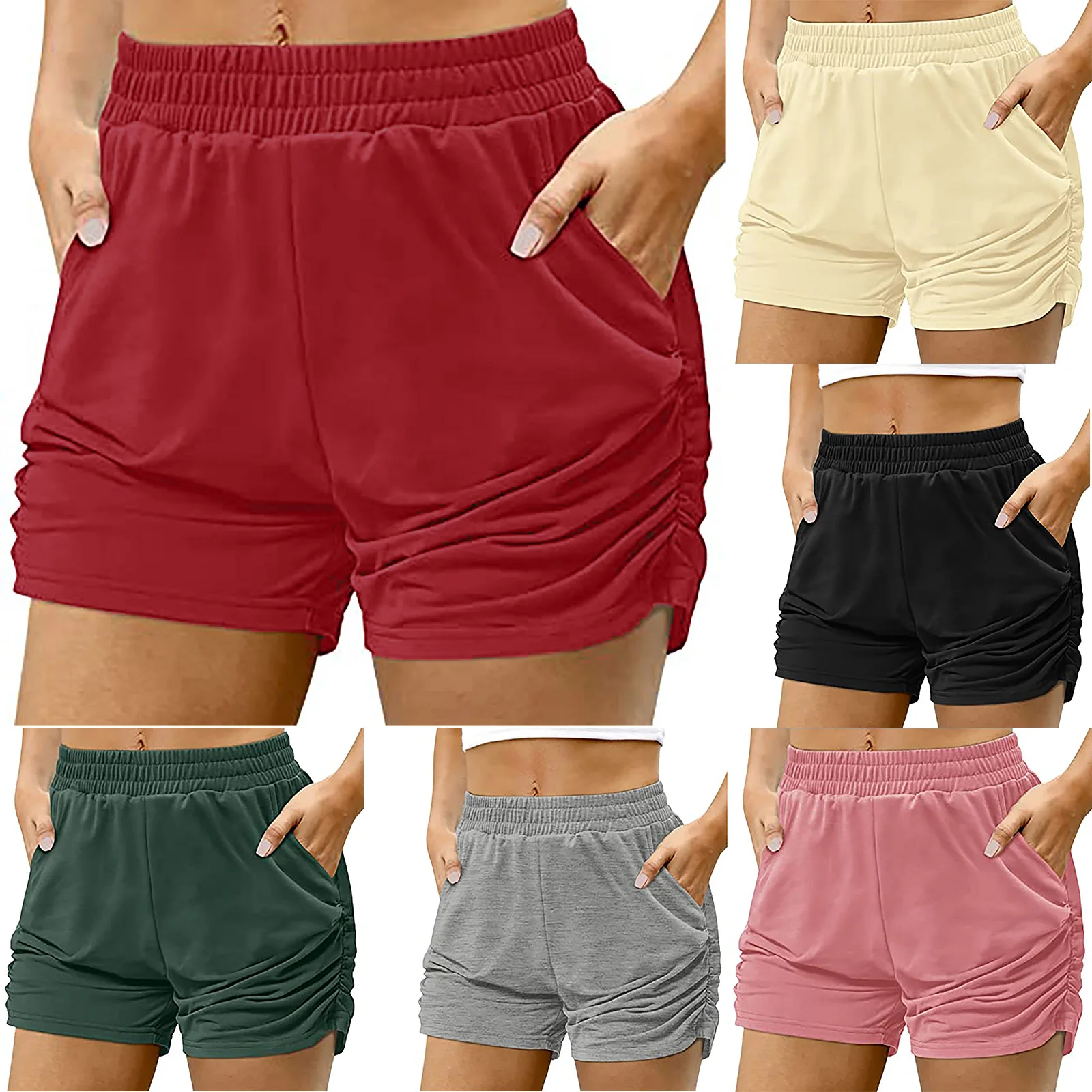 

Spring Summer Ladies Sports Elastic Casual Outdoor Summer Pocket Shorts High Waist Running Pants Elastic Women's Daily Shorts