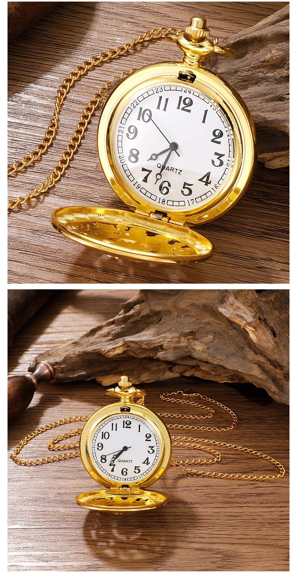 Antike Steampunk Vintage arabische Ziffern Quarz Taschenuhr Gold gehäuse Halskette Anhänger Uhr Kette Herren Frauen – Detail 5