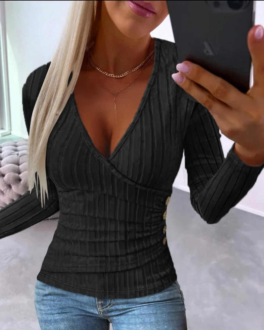 Jersey De Punto Ligero IECCP Para Mujer - Cuello En V, Manga Larga, Botones Decorativos, Ideal Otoño/Invierno