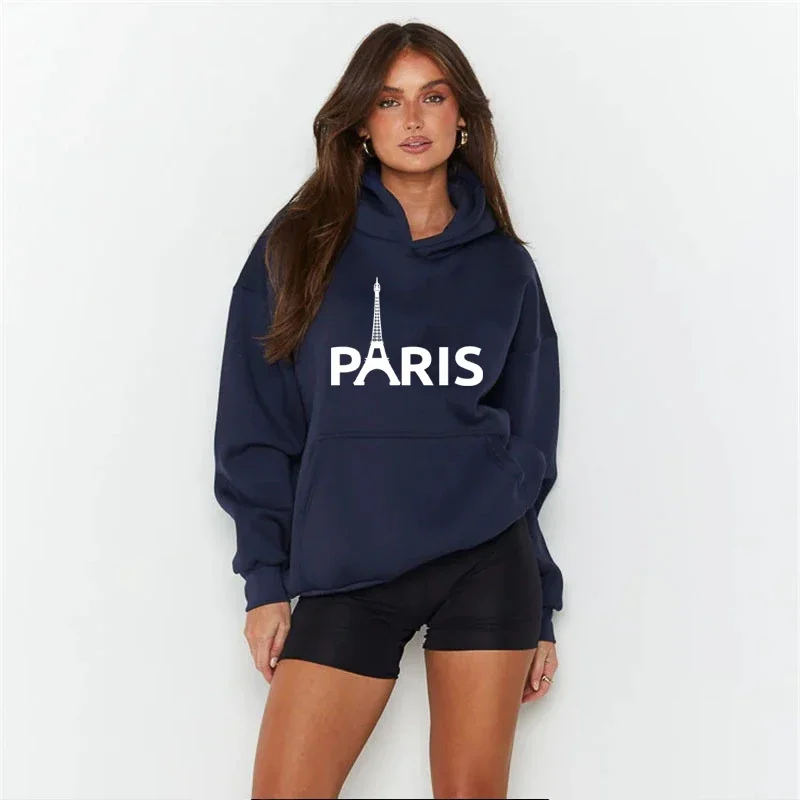 

Spring Autumn Women Paris Printed Hoodies Fashion Lady Hooded Sweatshirts Hat Pattern Hoodies Casual Daily Wear