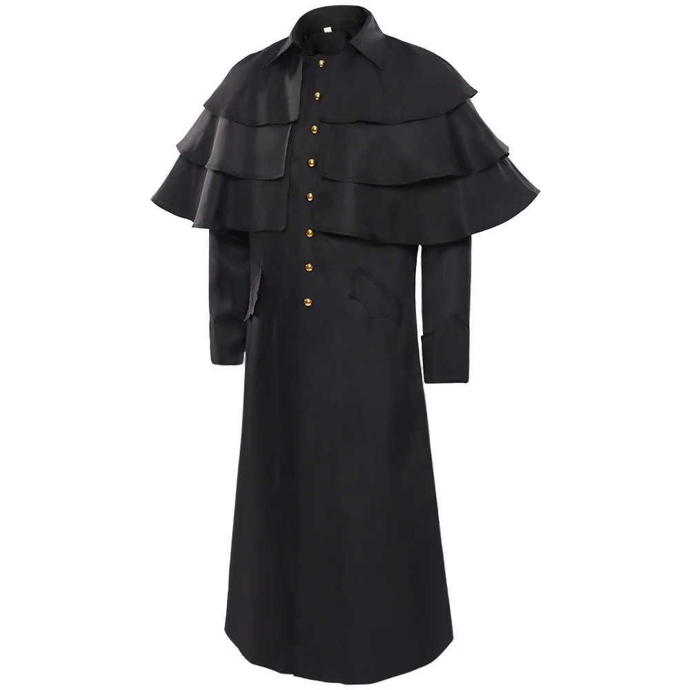 Men Medieval Church Priest Robe Layer Cape Trench Jacket
