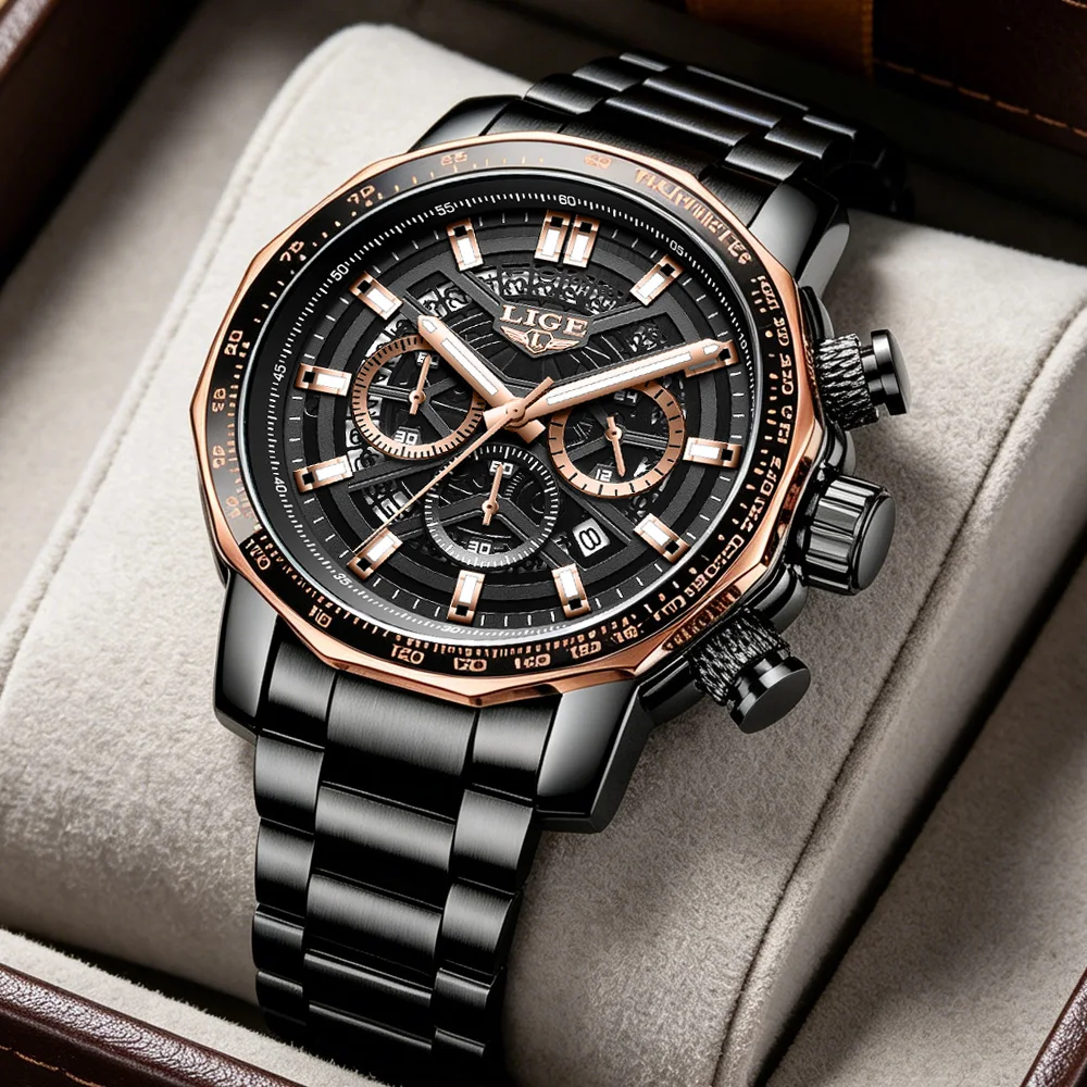 LIGE Luxury Gold Chronograph Men's Wristwatch