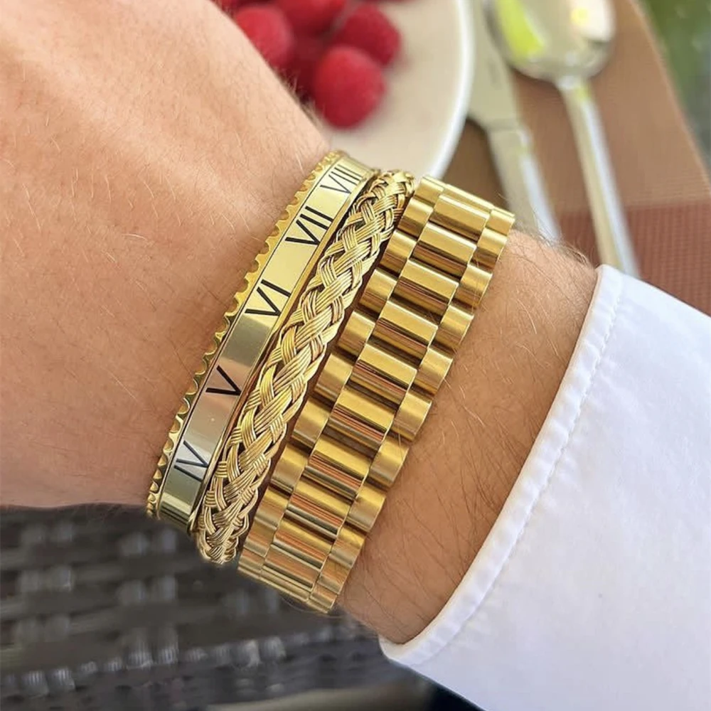 

Luxury Roman Number Charm Cuff Bracelet Gold Color Chain Bracelet Stainless Steel Watch Hip Hop Men Royal Jewelry