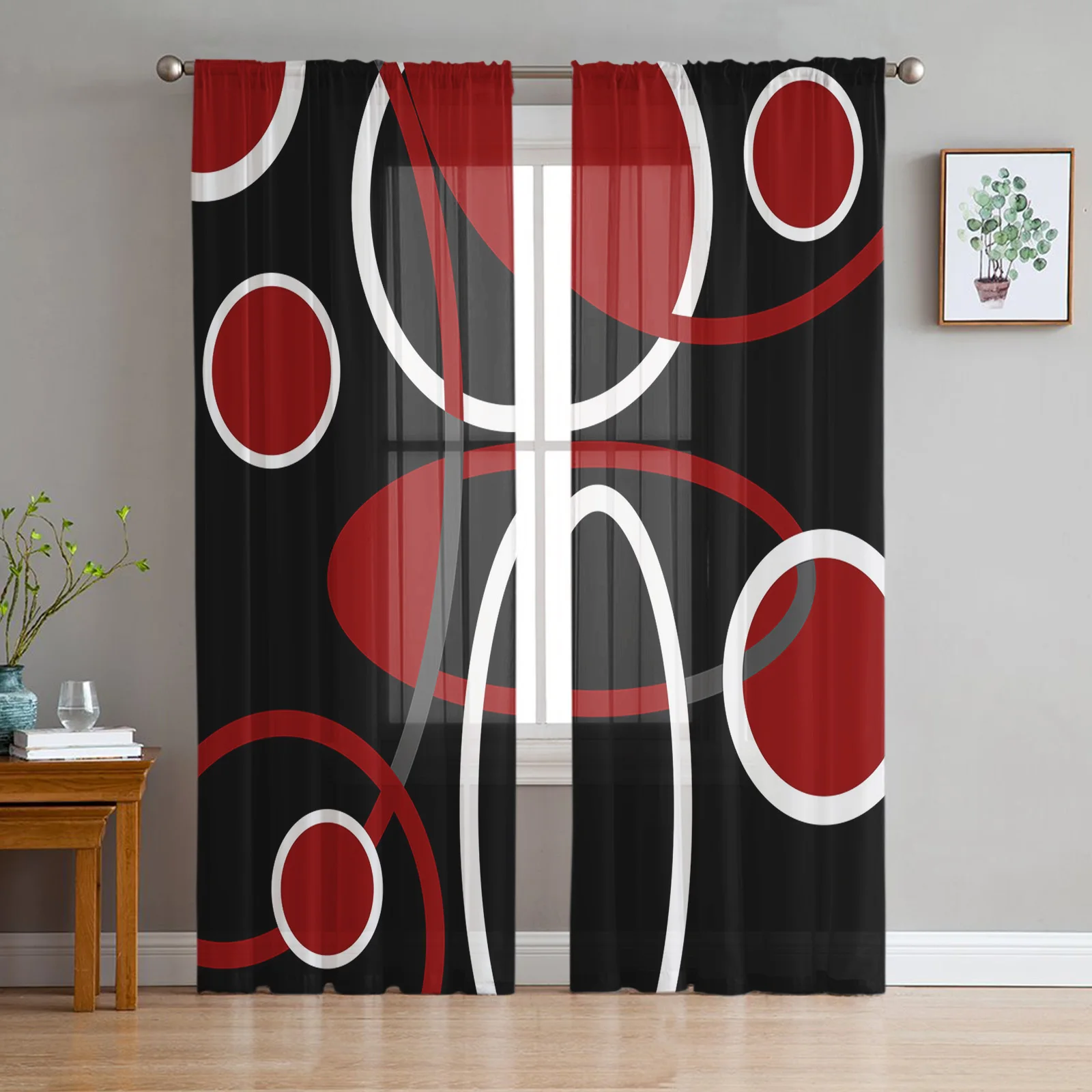 

Red Black Geometric Abstract Lines Sheer Curtains for Living Room Decoration Window Curtain Kitchen Tulle Voile Organza Drapes