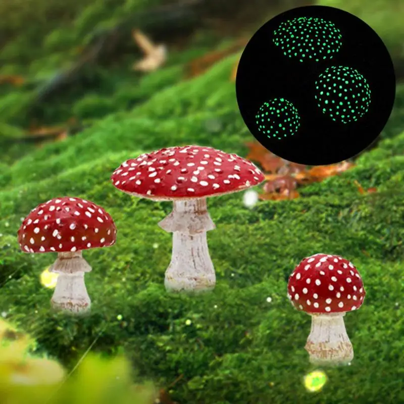 

3pcs Glow In The Dark Mini Mushroom Resin Crafts Fairy Garden Miniatures Garden Ornament Terrarium Figurines Decor DIY Dollhouse