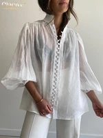 Clacive Fashion White Cotton Woman Blouse 2024 Elegant Stand Collar Puff Sleeve Shirts Casaul Classic Blusa Tops Female Clothing - Image 2