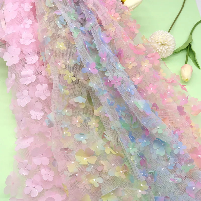 

1yards 3D Decal Tulle Lace Gradient Flower Children's Clothing Party Decoration DIY Rainbow Fabric Wedding Flower Decoration