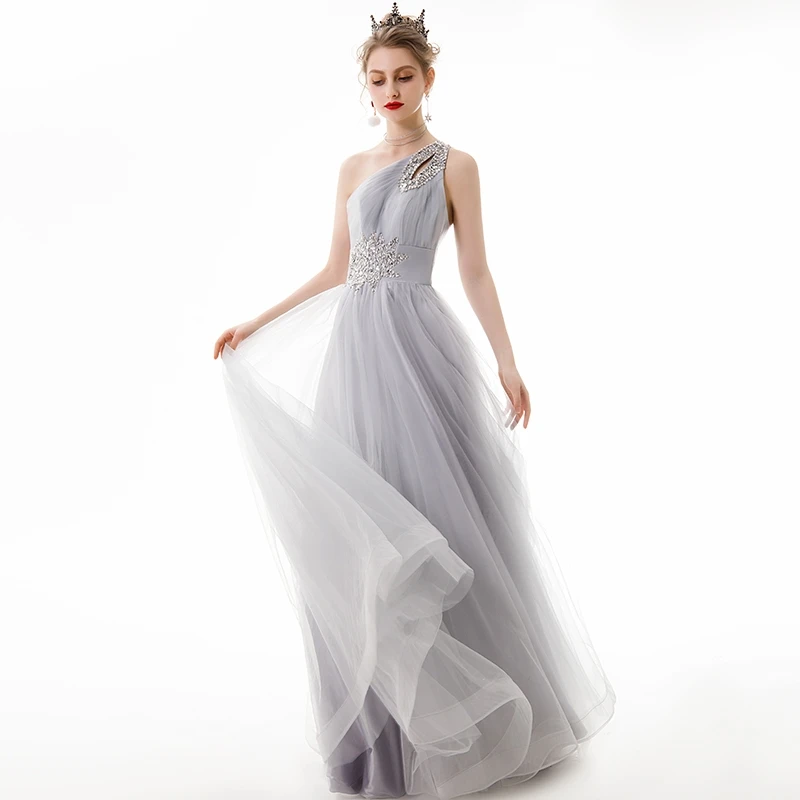 A Line Tulle Beading Pleat Elegant One Shoulder Bridesmaid Dresses Wedding Party Evening Formal Prom Sweep Train Lace Up Back