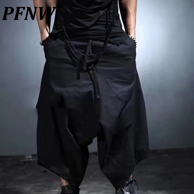 

PFNW New Summer Fashion Tide Punk Hairstylist Pants Skirt Loose Fashion Men's Harun Low Crotch Cross Darkwear Pants 12A3160