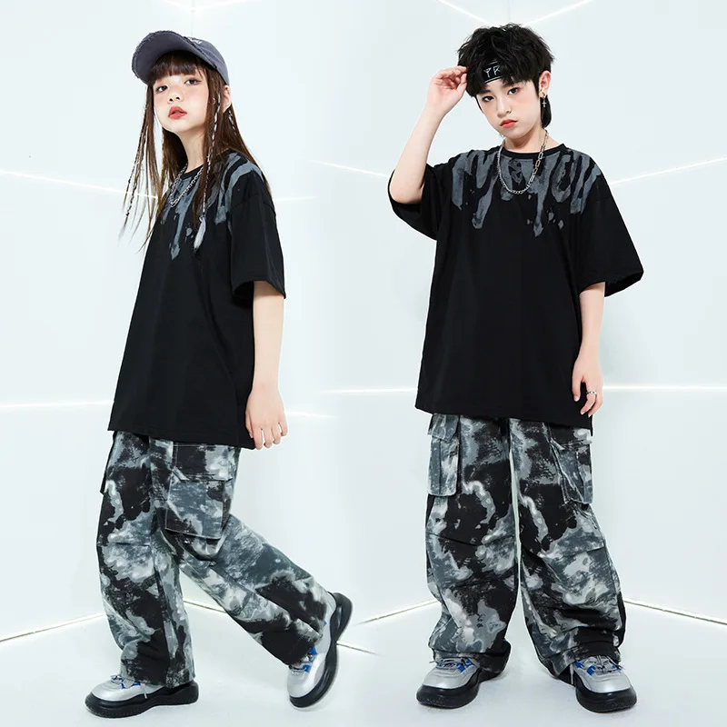 Nieuwe Hiphop Street Dance Kostuum Voor Jongens Meisjes Performance Outfits Zwarte T-Shirt Losse Broek Mode Tieners Kleding Sets