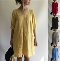Summer 2022 V-Neck Loose Cotton Linen Women's Dress Pure Color Amazon Wish Fast Delivery Comfortable Casual Maxi Dress