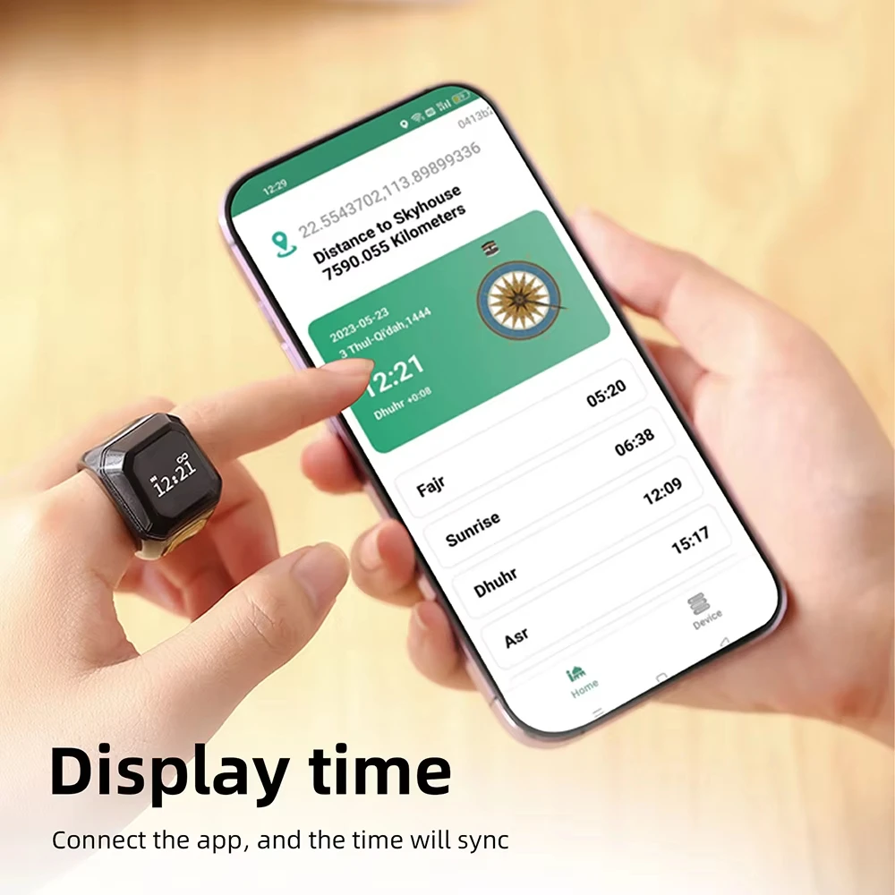 OLED 디지털 스마트 지크르 링 카운터 블루투스 앱 타스비 텔리 카운터 (무슬림 기도 시간 진동 알림 알람 시계)