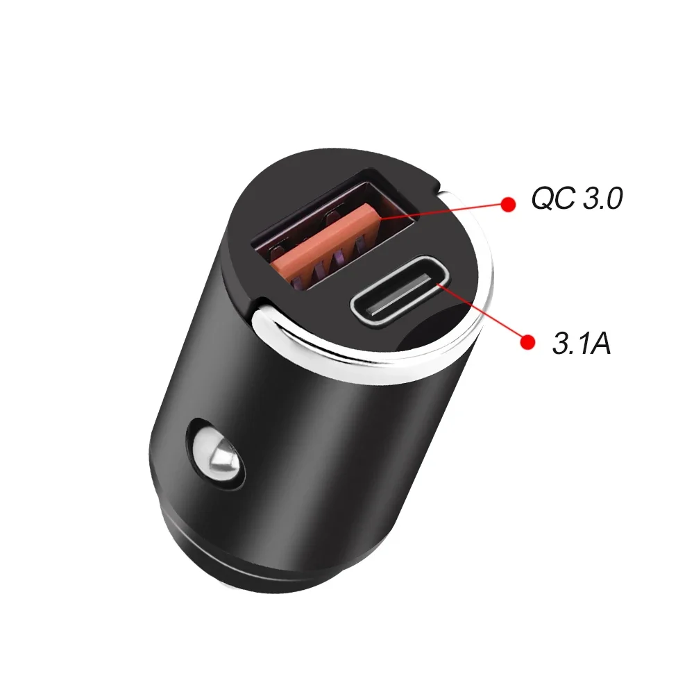 Compact USB/QC3.0 PD Fast Charging Car Charger Adapter 12-24V