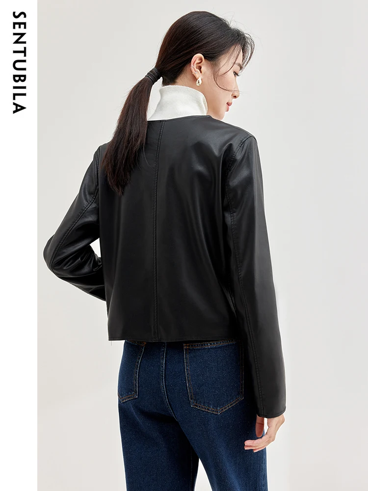 SENTUBILA Simple Round Neck Black Leather Jacket Women 2023 Straight Button Down Faux Pu Leather Autumn Winter Coats W33G49947