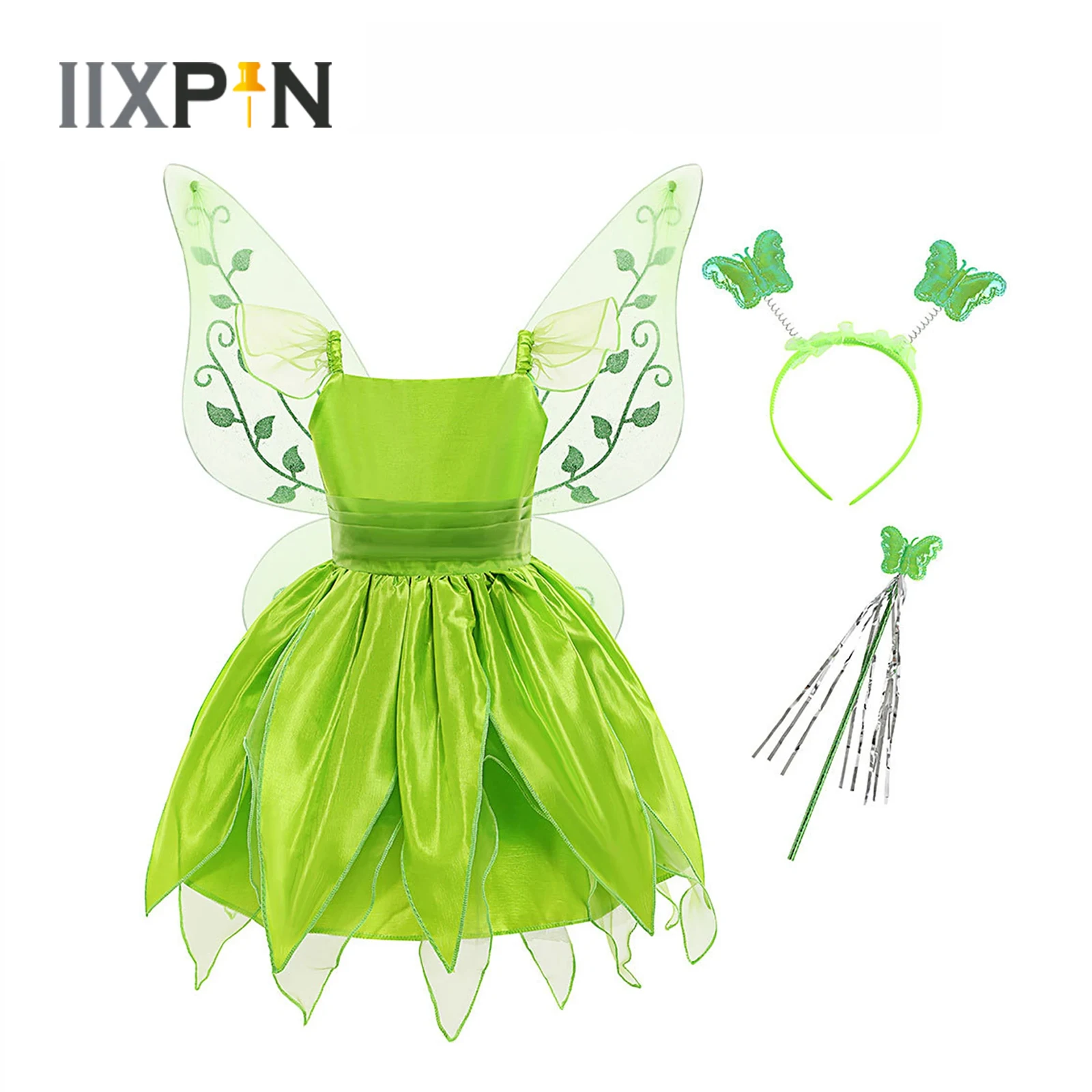 

Halloween Fairy Dress Kids Girls Fantastic Forest Elf Cosplay Costume Flutter Sleeve Dress+Hair Hoop+Wand+Wings Set for Carnival