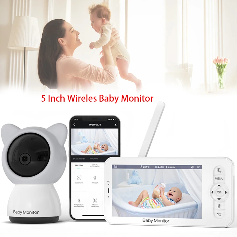 Baby Monitor 2 in 1 mobile phone or monitor, 1080P HD Camera 5” Screen 4X Zoom night vision 10m Audio and Video Nanny Security