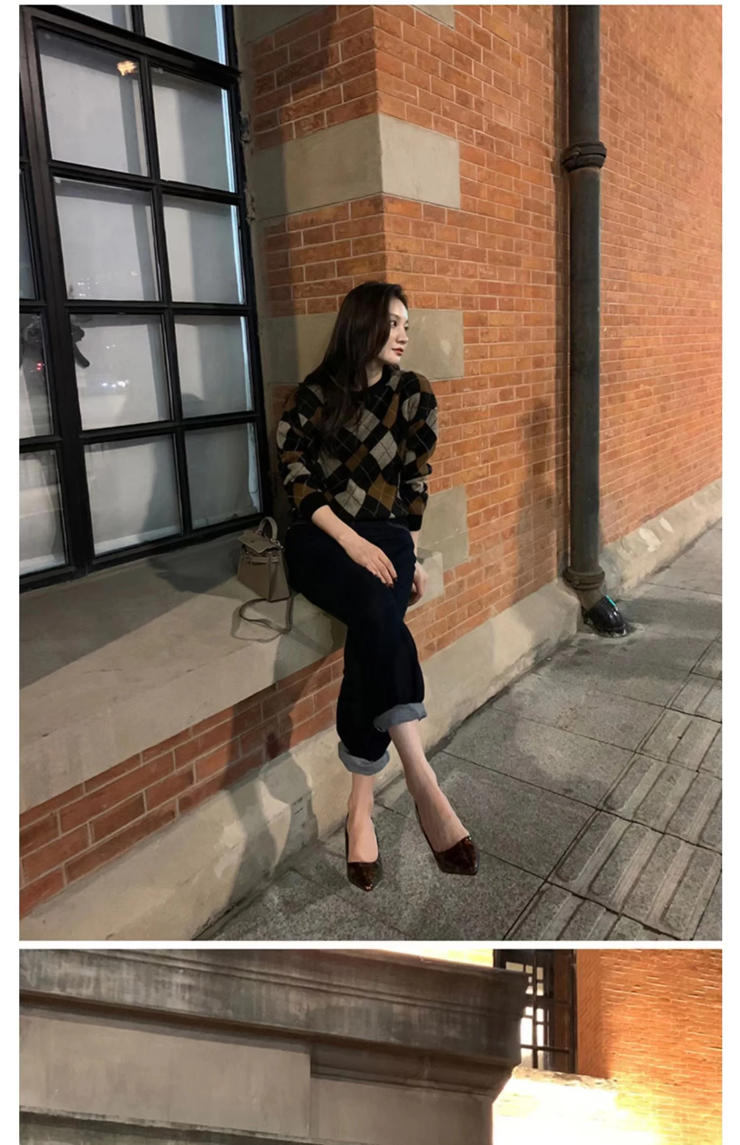 Rhomb patchwork color thickened round neck cashmere knitwear women's fall/winter loose slimming large-size wool base sweater